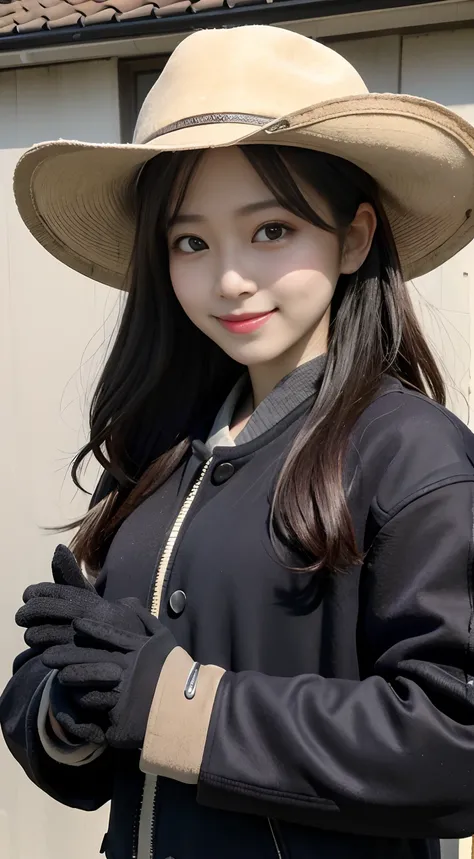 (masutepiece, Best Quality:1.2), Cowboy Shot, Solo, 1girl in, I met Komori, Smile, Looking at Viewer, black headwear, Jacket, Long sleeves, gloves