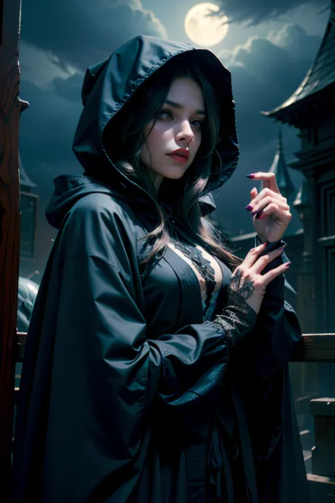 A woman who is a dark and mysterious woman, dressed in a dark purple robe with a hood, and a spider web cape, background is dark storm clouds, mood is apprehensive, frustrating, ambiguous, inscrutable, eerie night time light, character design.