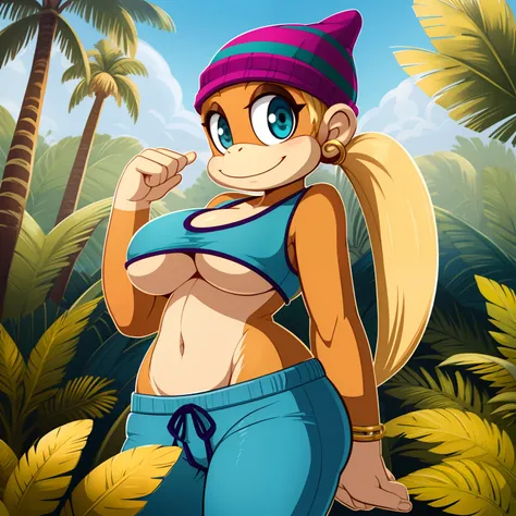 masterpiece, best quality, high resolution, full body, perfect body, perfect face, great detail, depth of field, tinykong, anthropomorphic, blonde hair, twin tails, baggy pants, monkey, crop top, light brown fur, beanie, anthro monkey, solo, 1girl, jungle ...