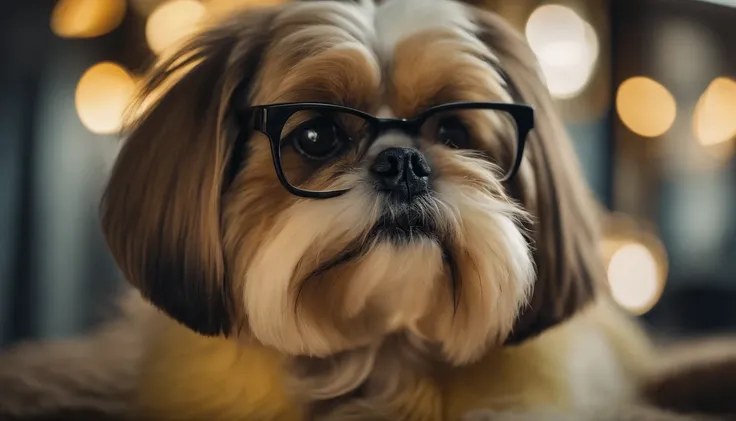 Yellow shih-tzu sitting with glasses