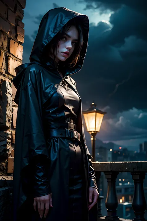 A woman who is a dark and mysterious woman, serious looking, dressed in a dark purple robe with a hood, and a spider web cape, background is dark storm clouds, mood is apprehensive, frustrating, ambiguous, inscrutable, eerie night time light, character des...