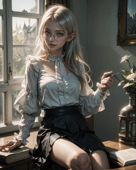 cute angelic face, ((teen)), 1 female elf, smile, ((sitting beside window)), (sipping tea), (open books on table), (waist length silver hair), (eyeglasses), wearing ((white ruffle blouse)) and ((black skirt)), (medium breast), blue eyes, (soft backlighting...