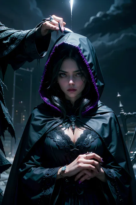 A woman who is a dark and mysterious woman, serious looking, dressed in a dark purple robe with a hood, and a spider web cape, background is dark storm clouds, mood is apprehensive, frustrating, ambiguous, inscrutable, eerie night time light, character des...