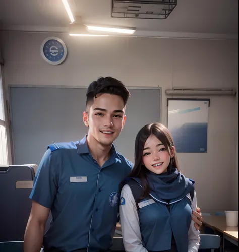 A boy hugging her cute girlfriend in a classroom, both of them wearing deep blue uniform,smiling and realistic face,8k