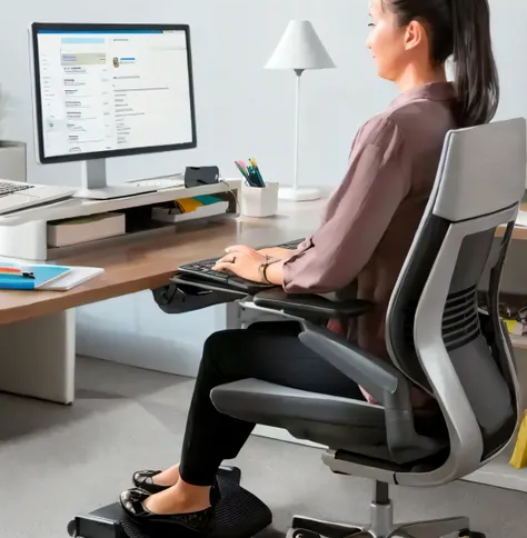 mulher sentada em uma cadeira em uma mesa com um computador, sentado em um computador, sentado em uma mesa de computador, sentado em frente ao computador, sentado em uma mesa, sentado na mesa no teclado, sentado em uma mesa, sentado no cargo, standing on a...