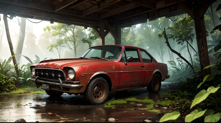 a rusty old red ford car in jungle, rainy day, harsh light, dark environment,  rusted car parts scattered on the ground, a chain, a gun, a dark and oppressive atmosphere, and a dramatic ambient light. spot  warm light on car , dark plants dark plants surro...