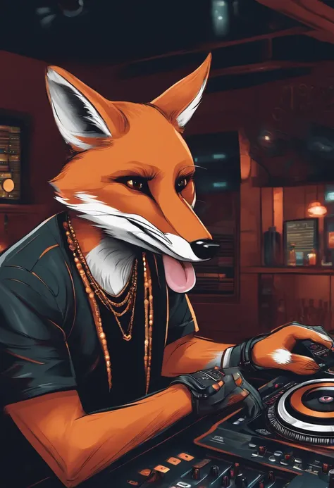 Imagine an illustration of a DJ hiphop fox in a bar