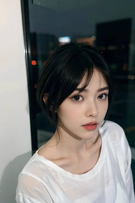 One beautiful woman, front, waist up angle, detailed eyes, big eyes, black eyes, fair skin, slender, black hair, short hair, wet hair, wet skin, background is hotel room with night view, rain outside window, water drops on window, swollen eyes, sad express...