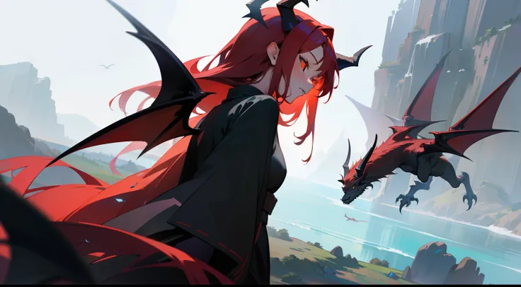 one-girl，black-clad，Red-haired demon，There is a pair of dragon wings on the back，Western fantasy，Fairytales，There is a pair of dragon horns on the head，Fly over the river，Works of masters，A high resolution，Exquisite facial features