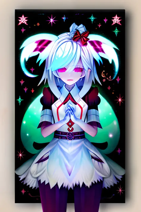 white  hair,ethereal anime,  White Cat Girl,Pale Young Ghost Girl, demon anime girl, Glowing white eyes, Fuzzy Ghost, soft anime illustration, with white long hair, 2 d anime style,  2d art cover,  dreamy psychedelic anime,  anime abstract art,Detailed key...