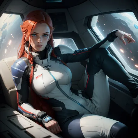 Mass Effect, Full-length woman with shoulder-length light red hair with a hairpin and green-blue eyes, with freckles, in a blue and white spacesuit on a spaceship, Art, higly detailed