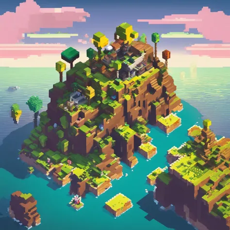 The isolated island is surrounded by the sea，desolated，minecraft style