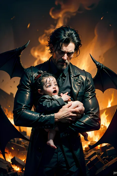 An angry man who is a devil with bat wings, holding a neglected crying baby, background is  the flames of hell, mood is degradation, decadence, alienation, mendacity, night time light, character design.