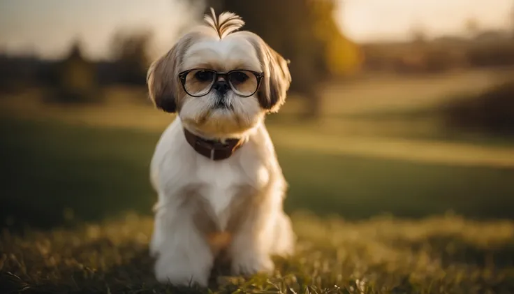 Yellow shih-tzu sitting with glasses, the field of view is full-body