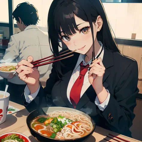 1 beauty, female students, Watery Big Eyes，large full breasts, blazer and tie, (Happy smile)，long eyelasher, Blushlush，Black Perm Hair, At the counter seat of a special ramen shop,A cup of ramen noodles,((Perfectly shaped chopsticks:1.2)), (Skillfully hold...