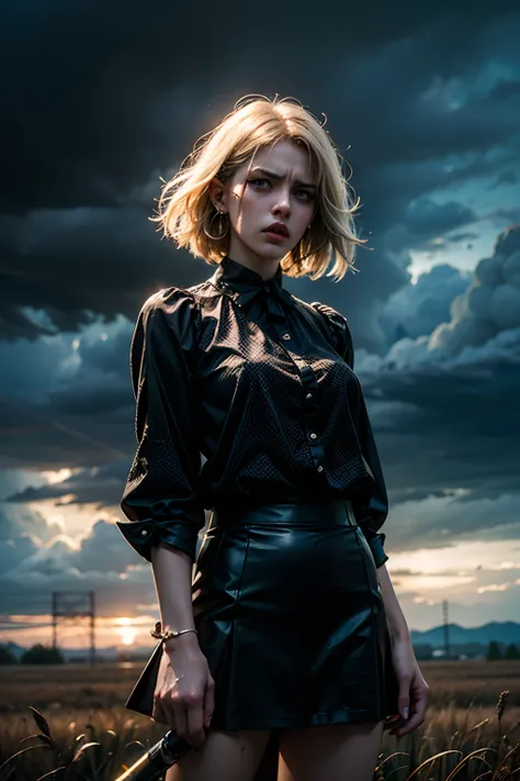 An angry, bitter woman, wearing a white blood spattered skirt and a black blouse, brandishing a large bloody saber, background is open field, dark puffy storm clouds, mood is tragic, violent, agonizing, horrifying, character design.