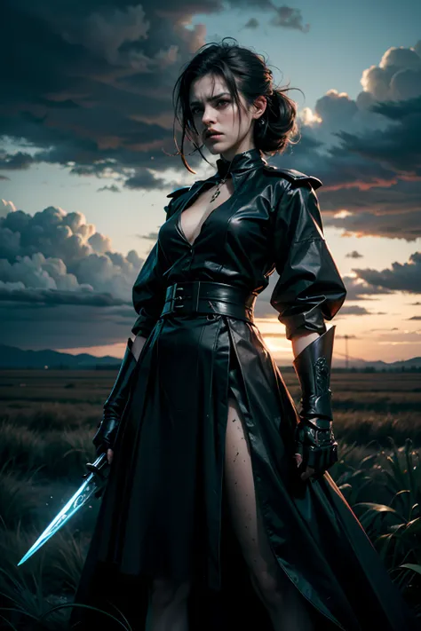 An angry, bitter woman, wearing a white blood spattered skirt and a black blouse, brandishing a large bloody saber, background is open field, dark puffy storm clouds, mood is tragic, violent, agonizing, horrifying, character design.