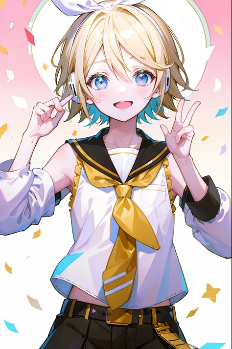 album cover, kagamine len, short hair, white shirt, detached sleeves, necktie, belt, sailor collar, headphones, knee length shor...