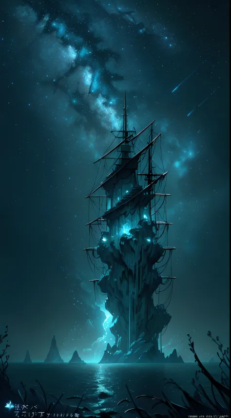 In the dark there is a ocean brightening like moon , there is one big whale faraway in the ocean came out to breathe and stars all over the sky, ultra-detailed, ultra lighting, detailed, AOT style, concept art, 2.5 d art, illustration, dark mode,shinning, ...