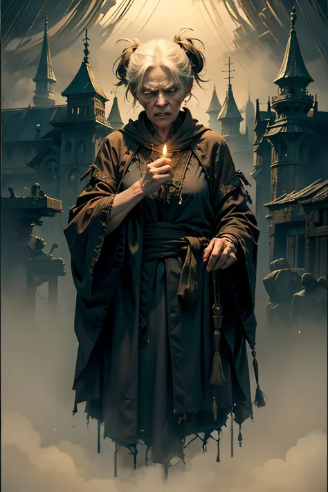 An angry old woman, with a deadly scowl, wearing tattered robes, holding a dim candle, background is dark, misty rain, mood is gloomy, desperate, confining, depressing, night time light, character design.