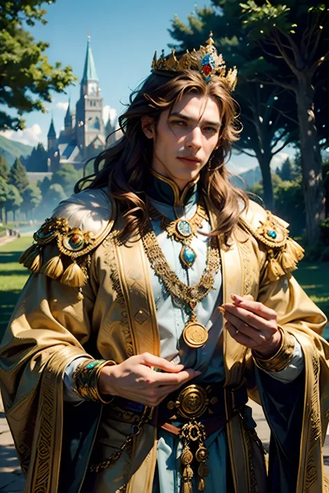 A man who is a wealthy king, wearing a jeweled crown and other jewelry, holding coins in hand, background is springtime landscape, mood is productive constructive, bravery, power, daytime light, character design.