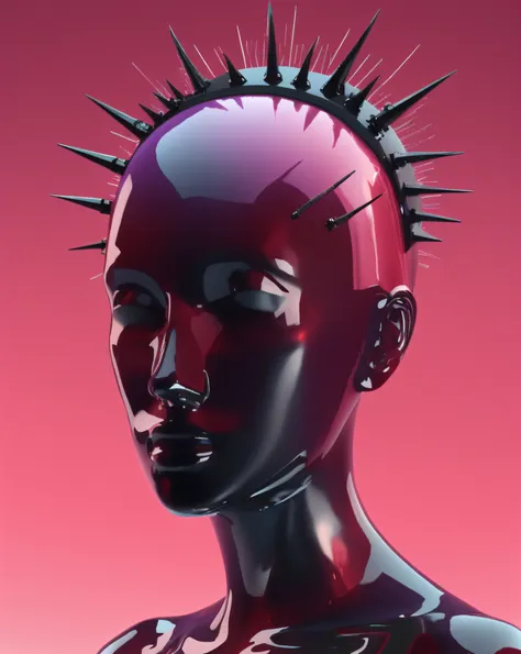 a white mannequin with black hair and a black headpiece with spikes on its head, Beeple, cinema 4 d, cyberpunk art, net art , black_hair, closed_eyes, evening, gradient, gradient_background, pink_background, pink_theme, portrait, purple_sky, red_background...