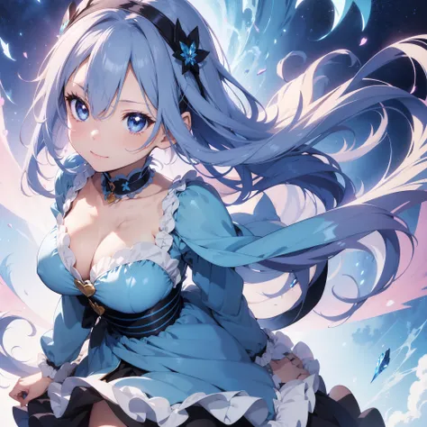 Anime girl with blue eyes and blue luxurious long dress, smil、gazing into distance、Dont make eye contact、Blushing、Wide forehead、Hair fastening with a headband、Heart Effect、Flying heart symbol、Short hair - curly hair、fairy tale world、Pink World、Puff out che...