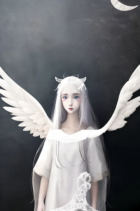 Beautiful, cartoon, Anime girl with angel wings and halo on head, white  hair,Pale Young Ghost Girl, Eyes that glow white, Fuzzy Ghost, with white long hair,