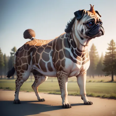 Realistic photo of a hybrid animal consisting of a pug with a giraffe neck