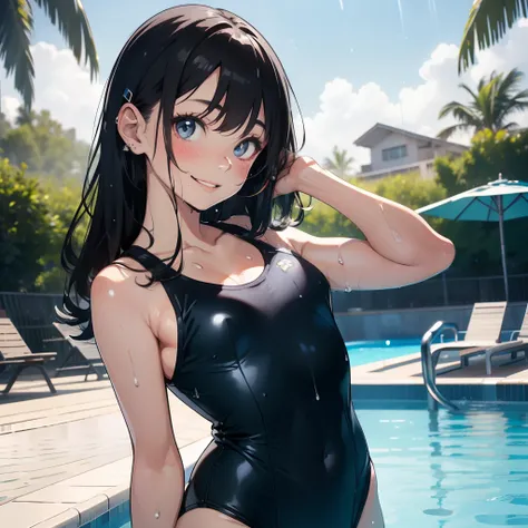 1 beauty, Slightly sunburnt schoolgirl, Watery Big Eyes,Nice Buddy, (Close your teeth and smile)，long eyelasher, Blushlush，Black Perm Hair, in poolside, Wet whole body, Half-taken off school swimsuit, Hang your bangs over your ears with your left hand,cowb...