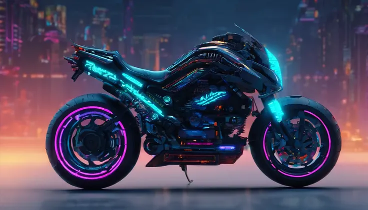 Cyberpunk-style motorcycle, colored in black and neon, featuring intricate and complex mechanical structures with glowing parts. simple background, Lighting style: street light. Fancy words: powerful, sleek, futuristic, Tron Lightcyle, exposed metal chassi...