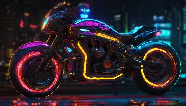 Cyberpunk-style motorcycle, colored in black and neon, featuring intricate and complex mechanical structures with glowing parts. simple background, Lighting style: street light. Fancy words: powerful, sleek, futuristic, Tron Lightcyle, exposed metal chassi...