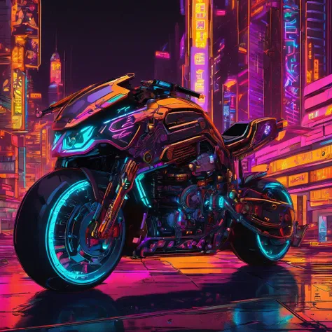 Cyberpunk-style motorcycle, colored in black and neon, featuring intricate and complex mechanical structures with glowing parts. simple background, Lighting style: street light. Fancy words: powerful, sleek, futuristic, exposed chassis, Tron lightcycle