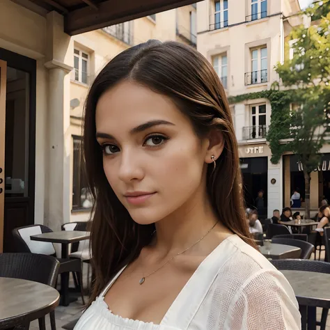 Photograph of a beautiful girl, on the terrace of a café, porte une jupe, masterpiece, jouissant, fille, Fille chaude, (((buste lourd))), cheveux bruns, long_cheveux, symmetrical face, photoreallistic, photographie, Phone camera, natural lighting, magnifiq...