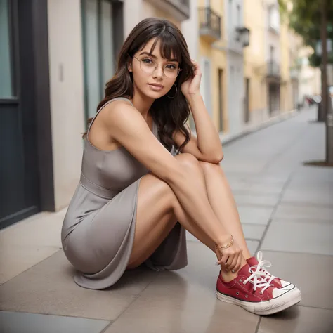 mulher jovem, de corpo inteiro, caucasiana, de olhos caramelo, rounded glasses and wavy hair with short bangs. rounded face with...