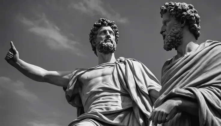 a portrait statue of the stoic Marcus Aurelius in black and white 4K,Face de lado, papel de parede super realista , sem camisa, Sintura,corpo forte,strong upper arms,