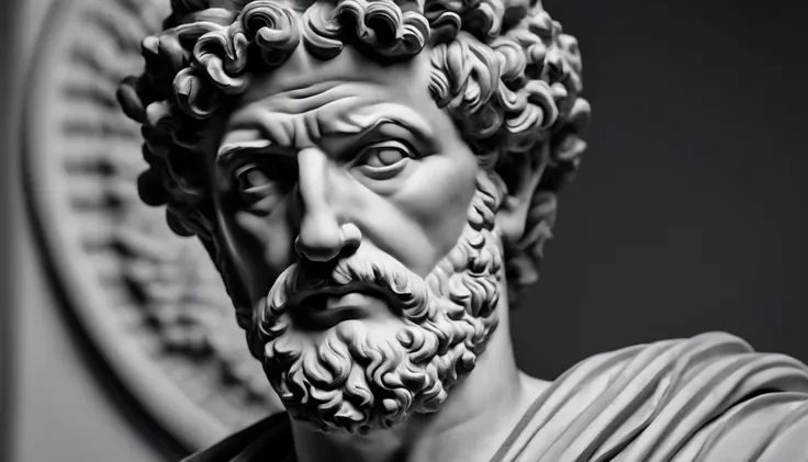 a portrait statue of the stoic Marcus Aurelius in black and white 4K,Face de lado, papel de parede super realista , sem camisa, Sintura,corpo forte,strong upper arms,