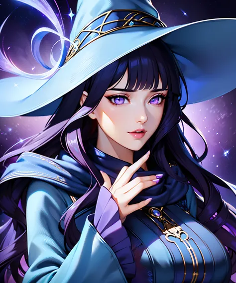 woman in her 20s, (perfect face), defined jawline, (beautiful bright purple eyes:1.2), beautiful lips, (long dark blue flowing wavy hair:1.2), (perfect hands), (intricate blue long-sleeved enchantress outfit), scarf, (big intricate blue witch hat), (warm v...