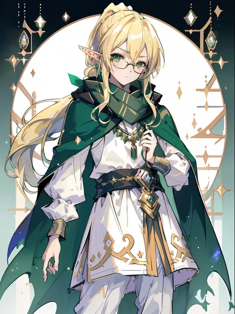 (best quality, highres), (green eyes:1.1), (long hair:1.1), (blonde hair:1.1), (elf ears:1.1), (wizard:1.1), (fantasy:1.1), (cloak:1.1), (ponytail:1.1), (looking straight at camera:1.5), (detailed wizard robe:1.1), (scarf:1.1), boots, white pants, tall, ma...