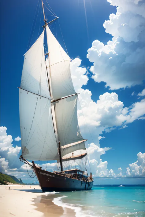 sandy beach, calm translucent sea, blue skies, cumulus clouds, Little lonely boat, The sail is lowered