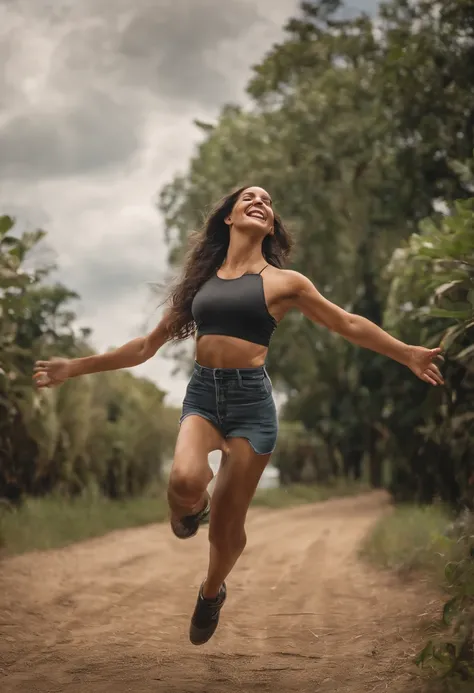 (best quality, high resolution), a Brazilian woman jumping happily with lines of energy emanating from her, vibrant heart icons, muscle icons and happy emojis around her. In the background, a subtle screen displays an online training platform