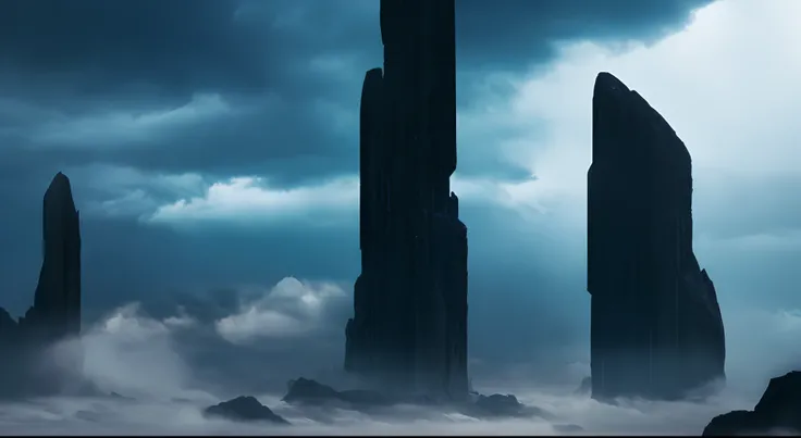 "(best quality,highres:1.2),black alien world,alien landscape,chaotic scenery,gloomy atmosphere,mysterious vibe,ominous colors,dystopian setting,otherworldly,imposing stone pillars,futuristic architecture,towering structures,reaching the sky,cloud-piercing...