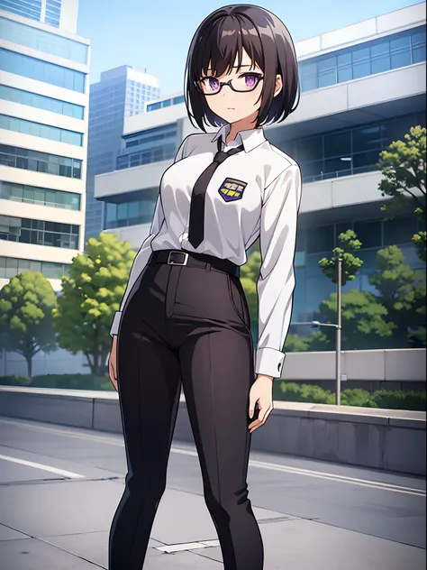 1girl, solo, short hair, jet black hair, purple eyes, (full body), standing, bangs, japanese police uniform, glasses, tokyo city backdrop, (white shirt), (black pants, tie), matching shoes, medium breasts, 20 age, badge