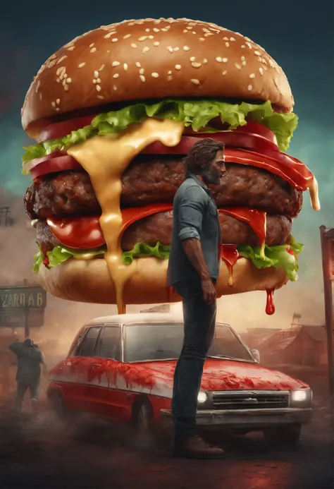 Zombie stands next to a large burger that drips blood, Os Mortos-Vivos, rick grimes cara de zumbi, Hamburgueria, sangue, Realistic, logotipo, 8K illustration, fundo branco