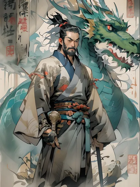 (((China-style，Ink painting method，Half-length portrait，Intense color，Han dynasty, China，Hanfu，Armor，Guan yu，Guan Yunchang，of a guy，Ruddy killing square face，Hold the Blue Dragon Moon Knife in his right hand，Stroke your beard with your left hand，Long hair，...