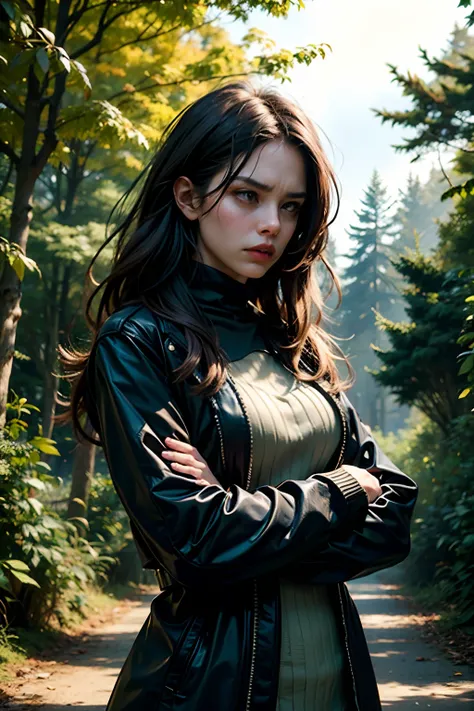 A woman who is a mean, angry woman with crossed arms blocking a pathway in the woods, background is dark autumn sky, mood is hindering, obstruction, obscuring discord, character design.