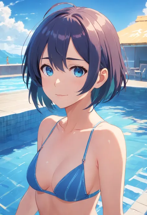 (masterpiece, best quality, high quality, highres, ultra-detailed), 1girl, bangs, bob cut, (bangs between eyes, hair cover one eye), blue eyes, aqua hair, necklace, blue earrings, blue eyes, smile, hand on hip, looking at viewer, blue sky, pool, micro biki...