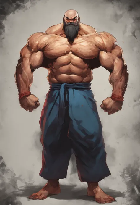 ((full body portrait)), a huge chinese monk, good at martial art, hyper muscular, giant body, fat, beard, bald, 40 years old, angry, naked, wide shoulder, bulging muscles, standing straight, exposing his muscle, savage, (((masculinity))), striking, (((Nine...