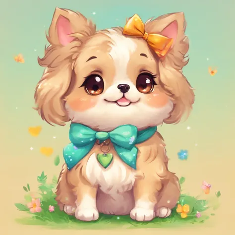 There is a dog with a bow on its head sitting on the ground, mostrando a pata, corpo inteiro, painting digital adorable, bela arte digital, arte digital detalhada bonito, Dog cute, painting of cute dog, kawaii cute dog, arte detalhada bonito, Retrato bonit...