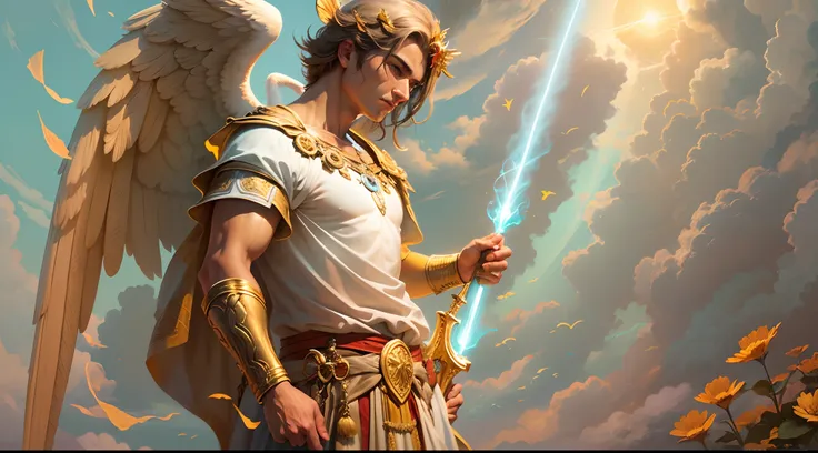 Closeup of an image a man angel with a large and long sword with attack position in right hand, in the other left hand holding a scale, Angel dressed as a Roman soldier looking at the ground, arcanjo homem com asas grandes, o anjo da fortuna, perfeito, Rea...